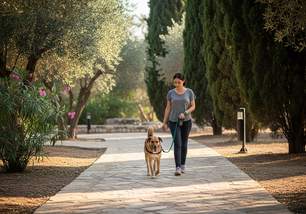 בעלים מהלך וכלב עם רצועה רפה בפארק