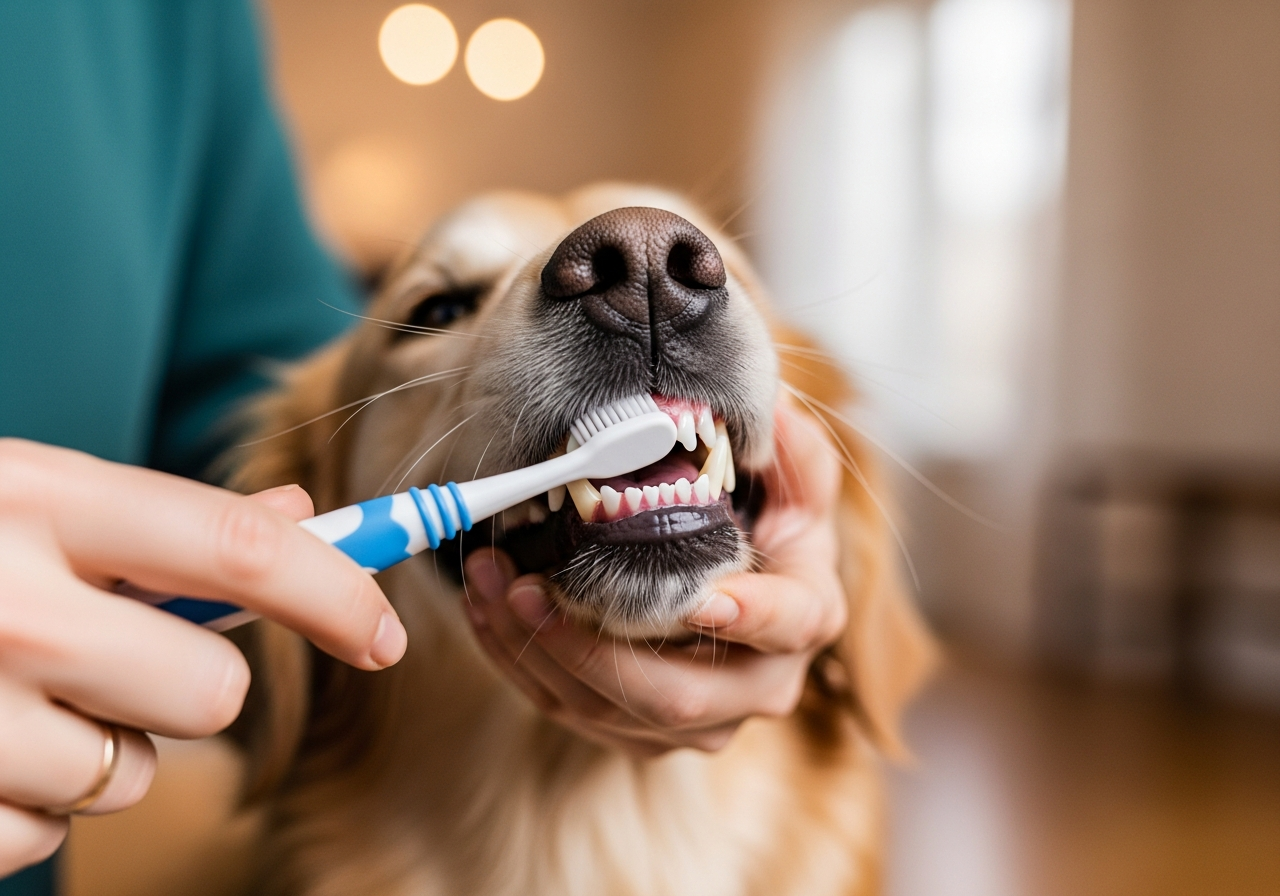 בעלים מצחצח שיניים לכלב עם מברשת שיניים לחיות מחמד