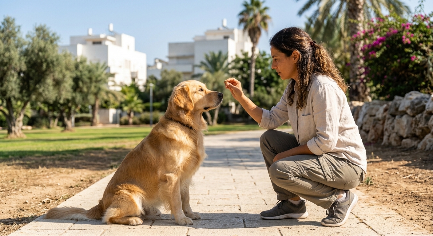 מאלף כלבים מתרגל פקודות בסיסיות עם כלב בגישה חיובית