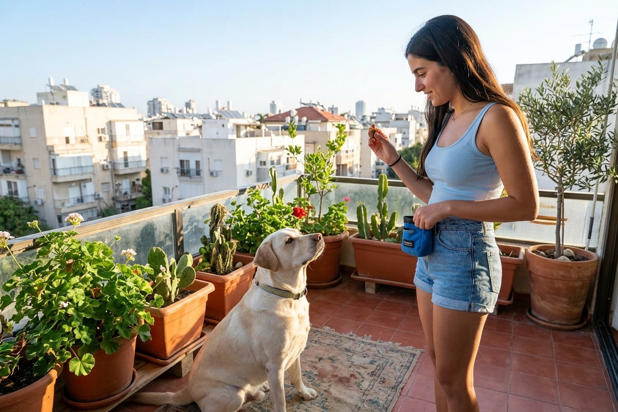 אישה מתאמנת עם לברדור בבוקר על מרפסת — שגרת אילוף יומית