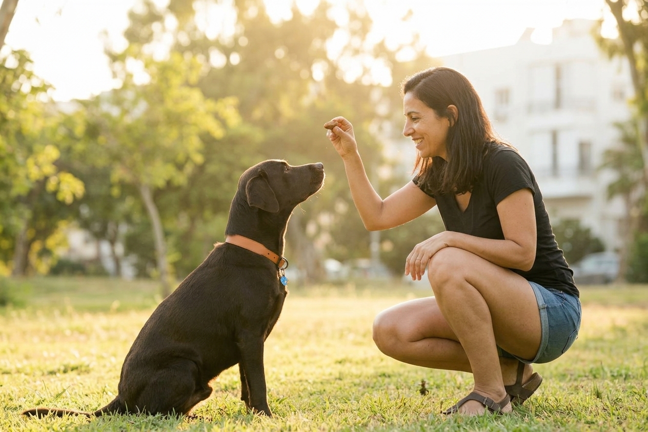 מאלפת מגישה פינוק לכלב אחרי ביצוע פקודה — חיזוק חיובי
