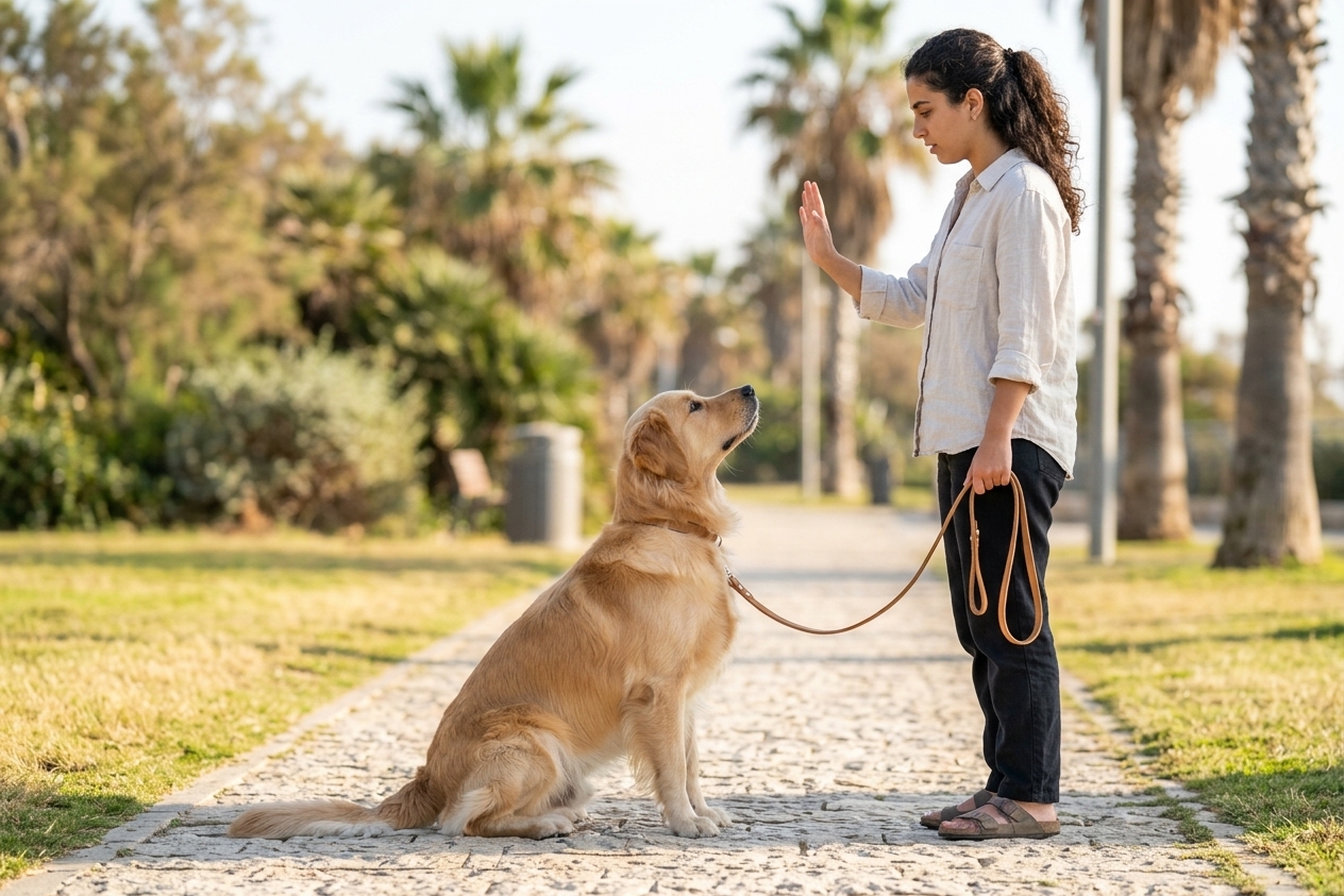כלב יושב בפקודת שב תוך מבט ישיר על בעליו