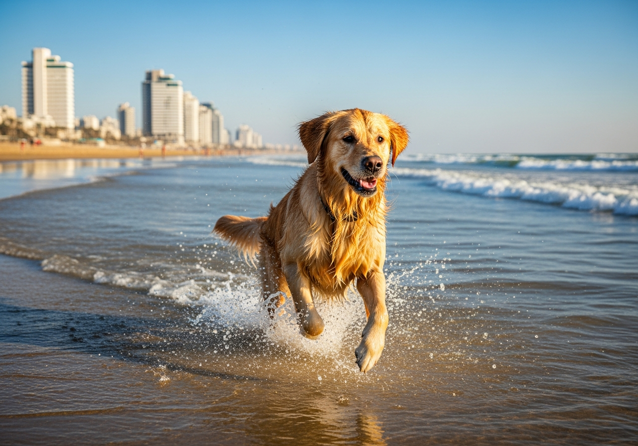 כלב רץ בשמחה על חוף הים בתל אביב