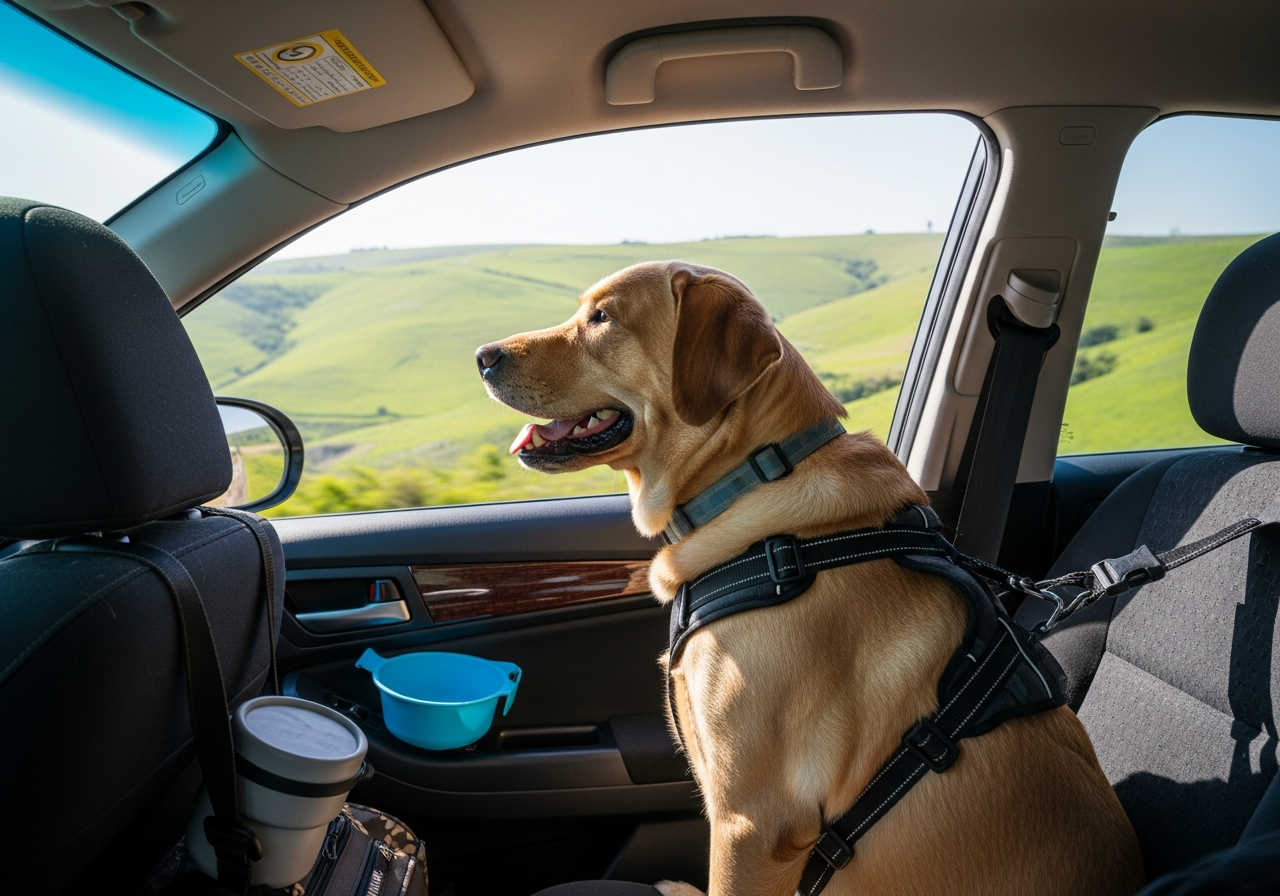 כלב רתום בבטחה ברכב לקראת נסיעה לחופשה בצפון