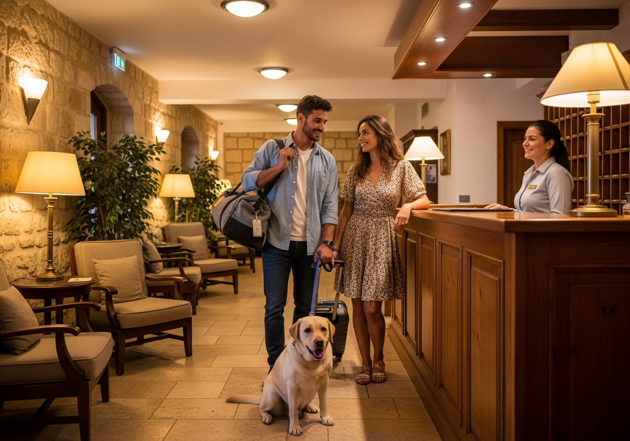 זוג מגיע עם הכלב לצ'ק-אין במלון בוטיק בגליל