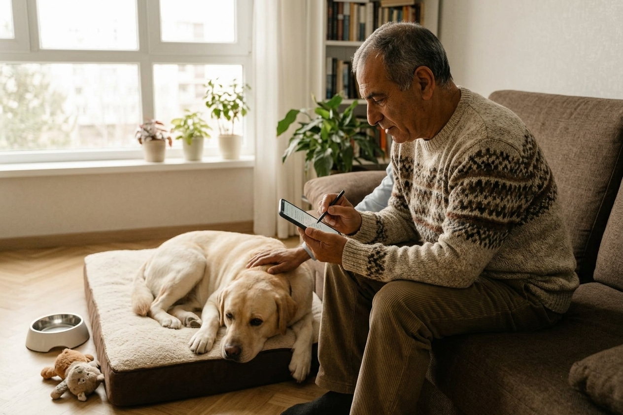 בעלים מתעד תסמינים בטלפון לצד כלב שנח
