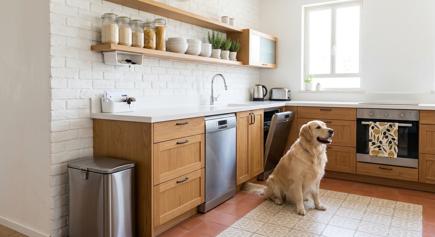 מטבח מסודר ובטוח לכלב עם אשפה סגורה וחומרים מסוכנים בארון גבוה
