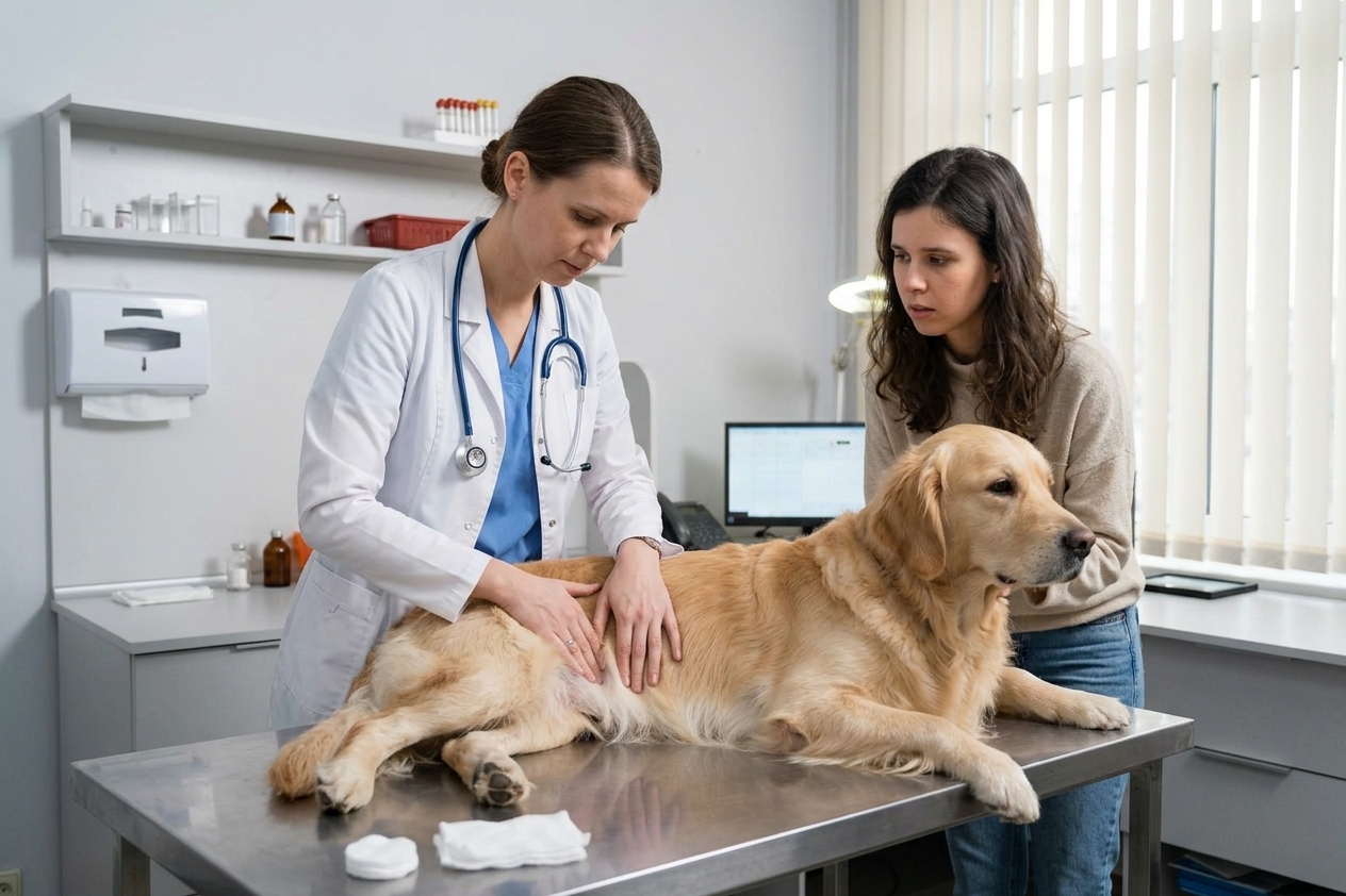 וטרינרית בודקת בטן של כלב במרפאה, בעלים מודאגים לצדה