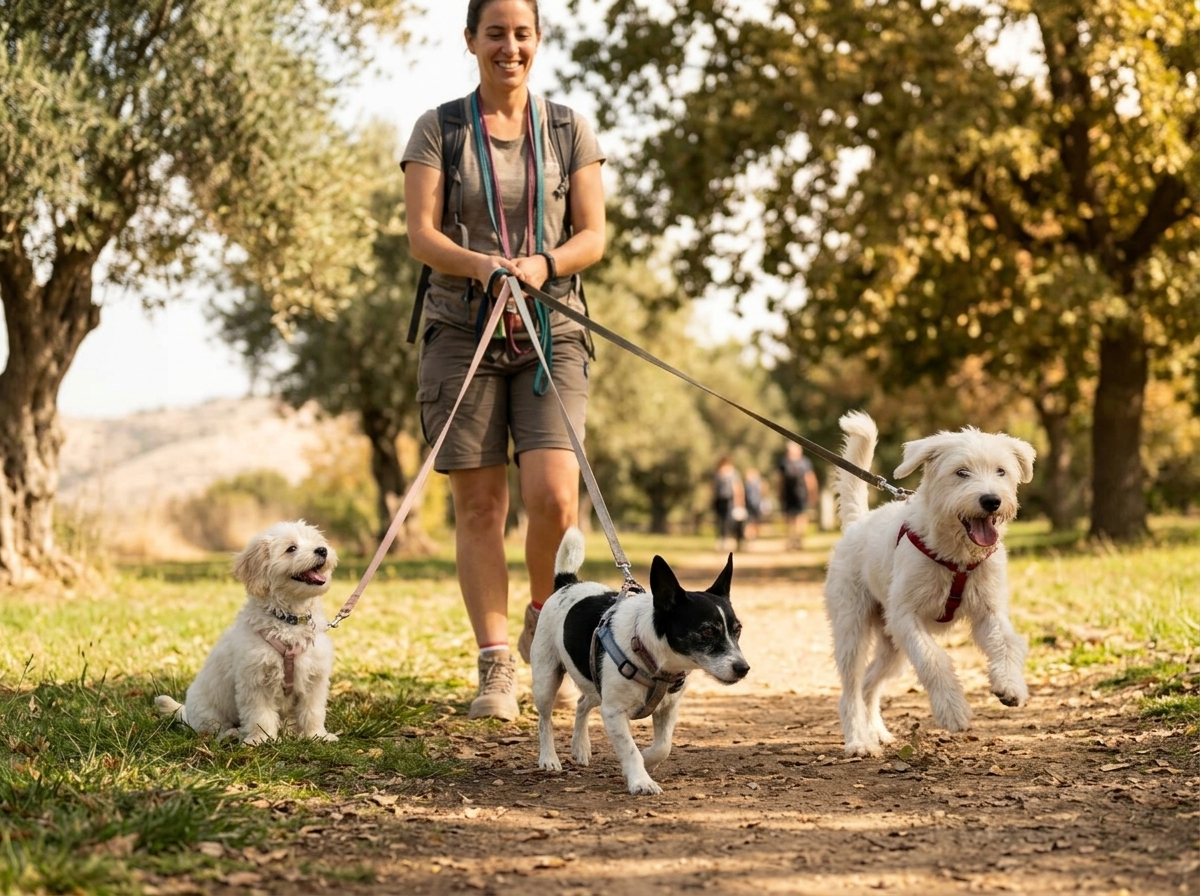 דוג ווקר מטייל בעדינות עם כלב מבוגר במסלול מוצל