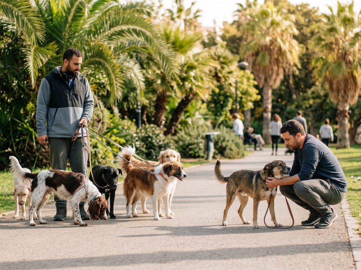 דוג ווקר מטייל עם כמה כלבים בקבוצה קטנה בפארק
