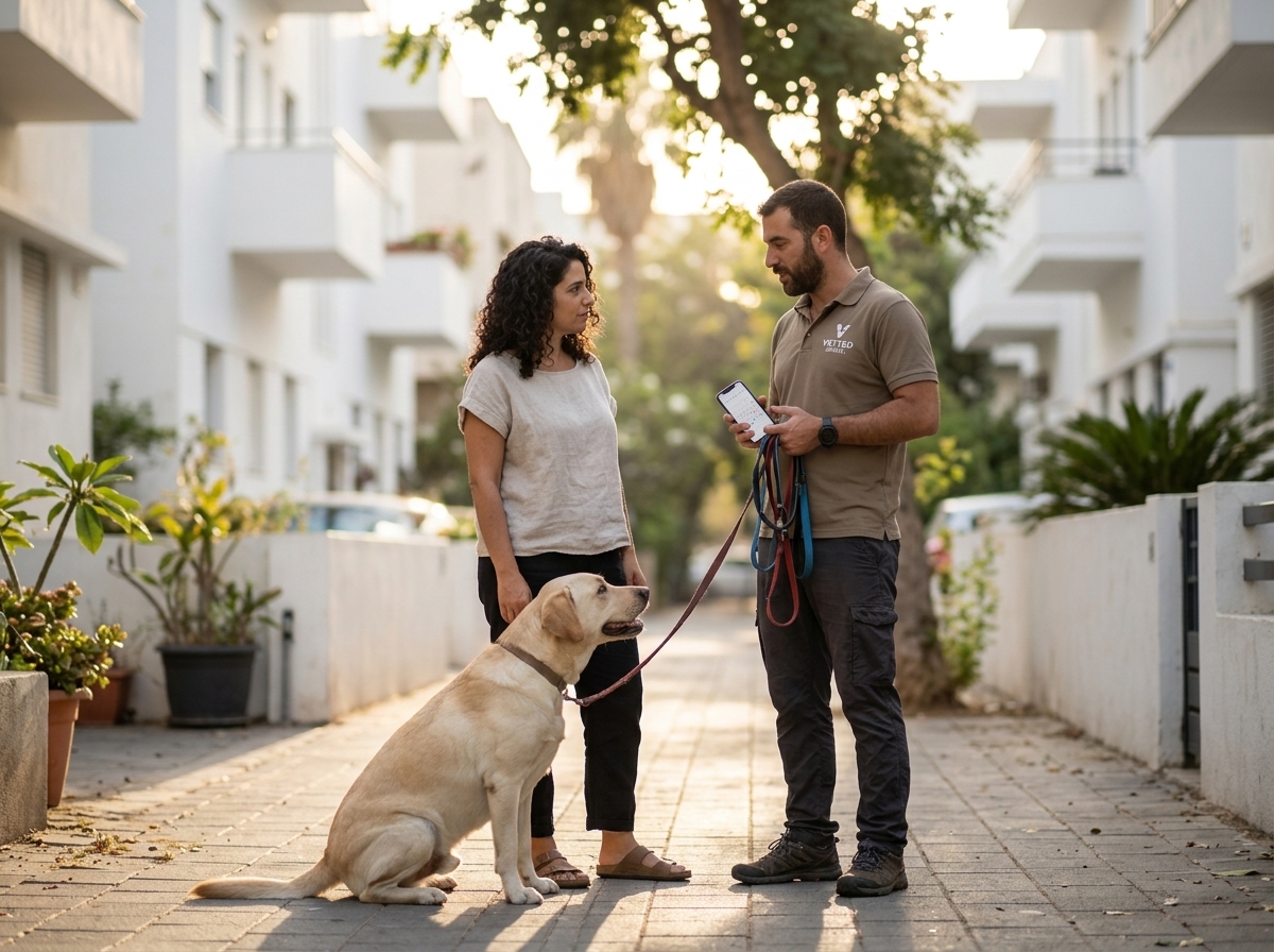 בעלת כלב נפגשת עם דוג ווקר לשיחת היכרות לפני טיול ראשון