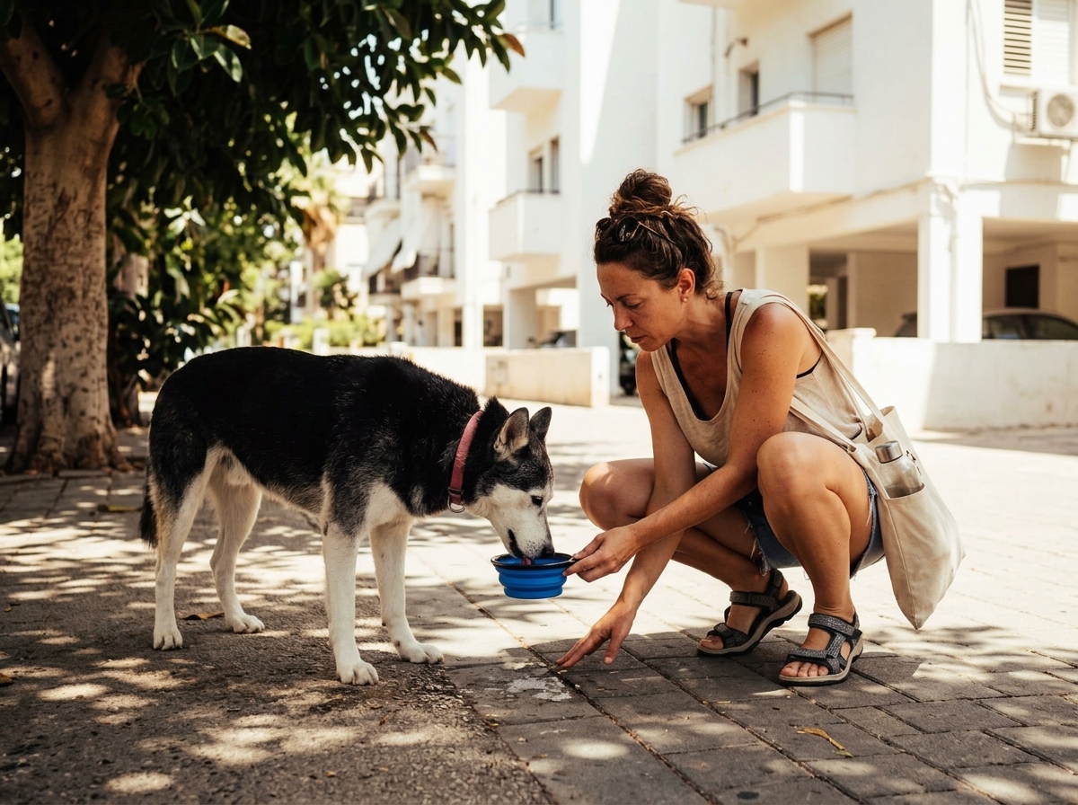 דוג ווקר נותן מים לכלב בצל ביום קיץ בישראל