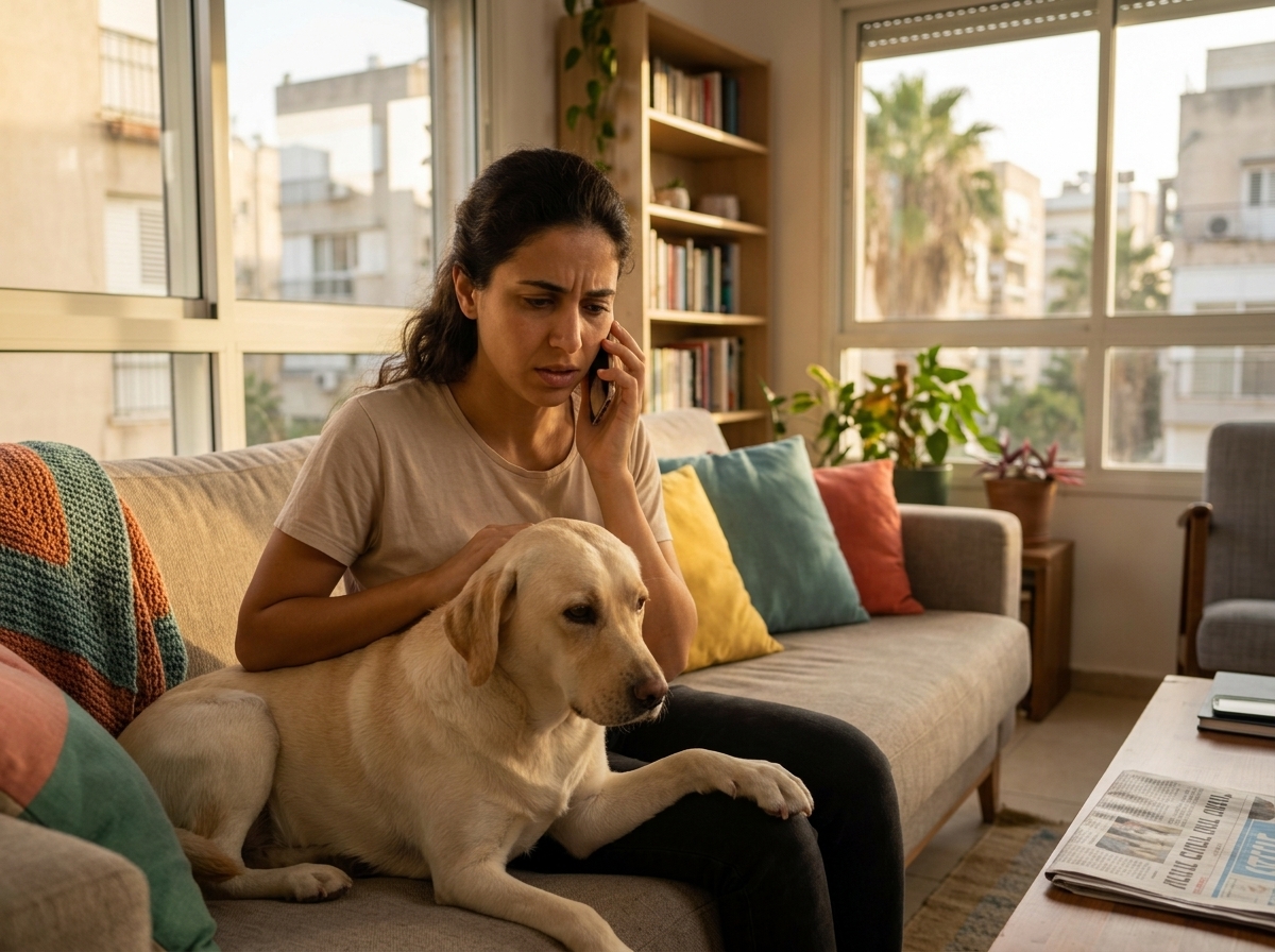 אישה ישראלית מדברת בטלפון עם ווטרינר עם כלב מצדה