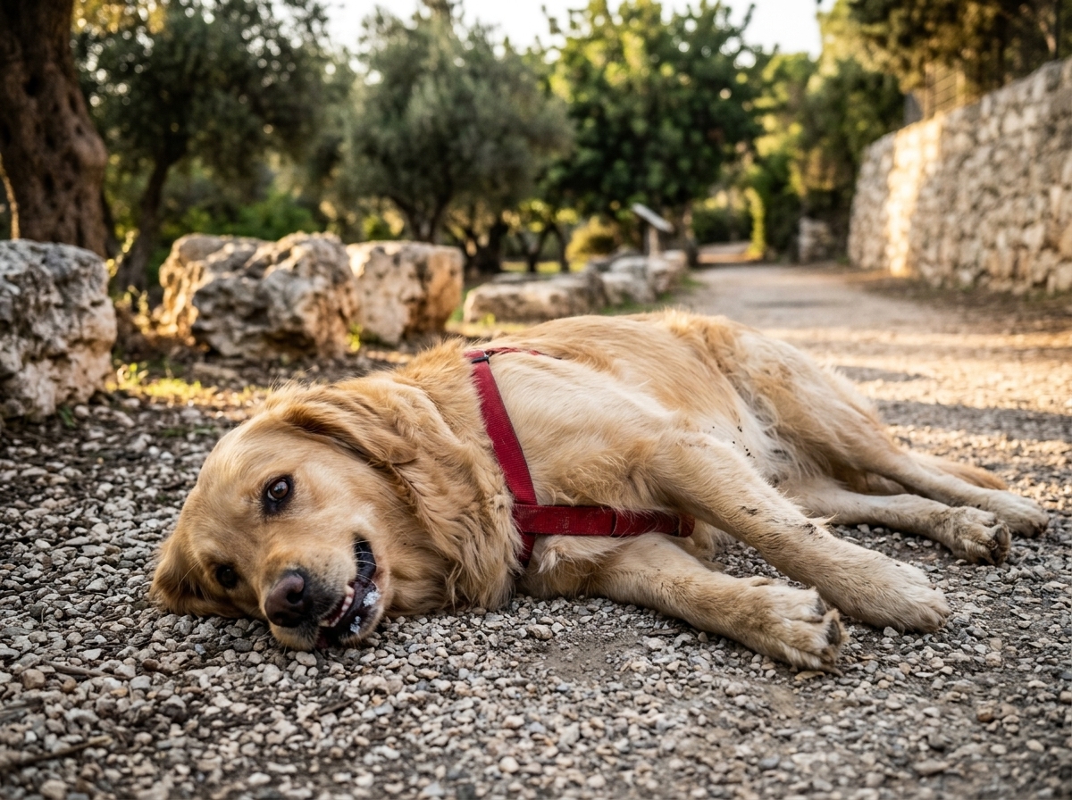 כלב עם פרקונות בפארק ישראלי עם בעלים בצדו