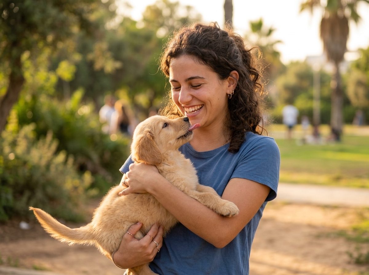 אישה צעירה אוחזת גור זהוב מחייך המלקק את סנטרה, אור זהוב בפארק