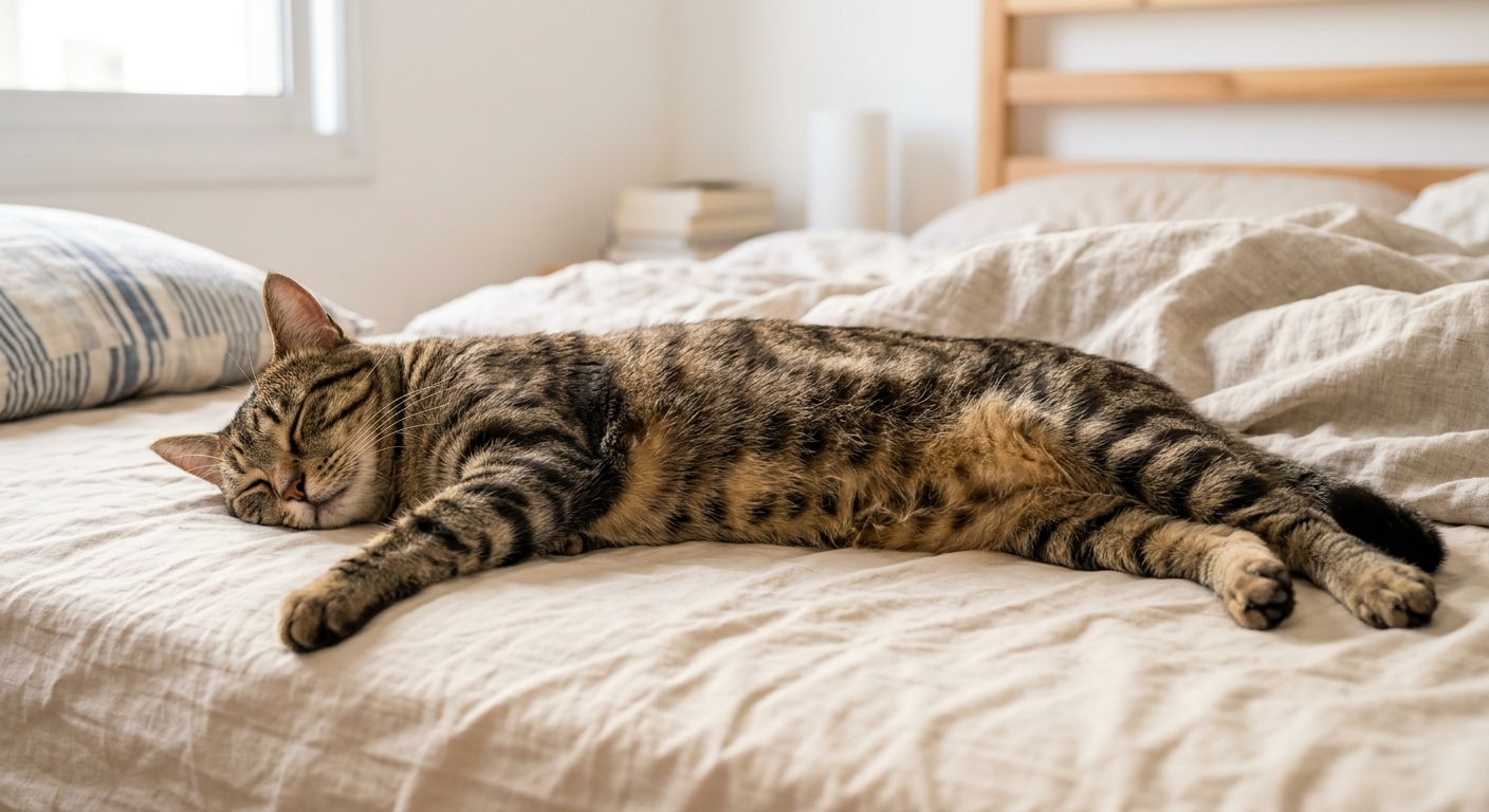 חתול ישן בשלווה בזמן שבעליו עוקב אחרי קצב הנשימה