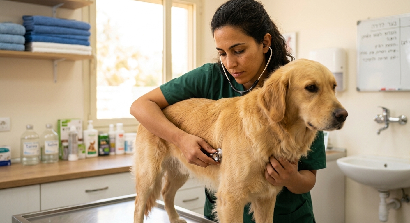 ווטרינרת ישראלית מאזינה את לב הרטריבר במרפאה