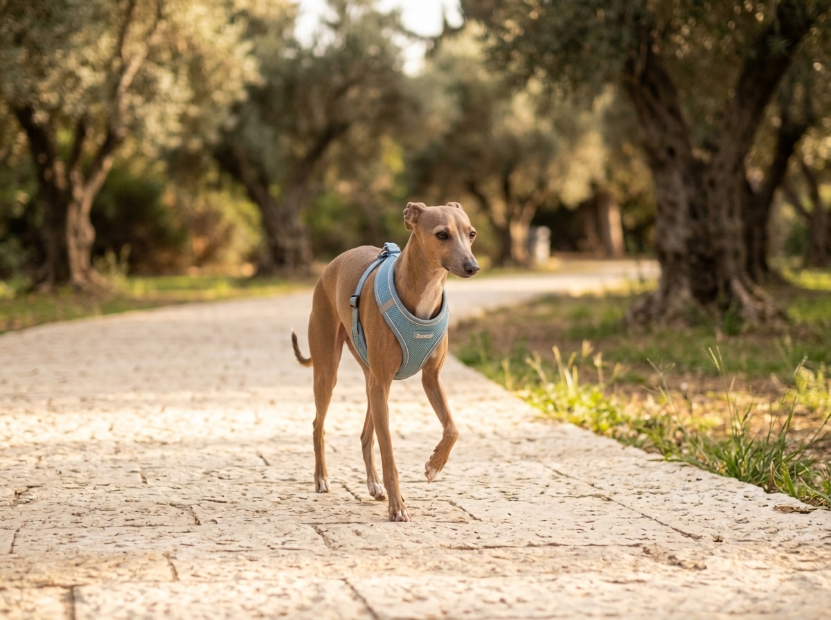 גרייהאונד איטלקי עם רתמה בטיחותית
