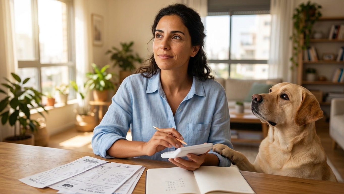 בעלת כלב משתמשת במחשבון לבדיקת עלויות ביטוח