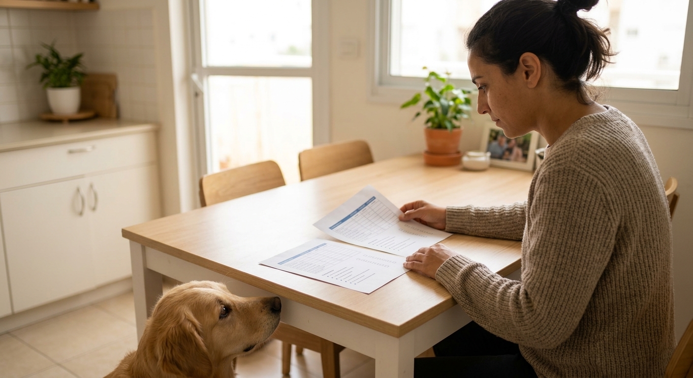 בעלת כלב מעיינת במסמכי ביטוח על שולחן המטבח
