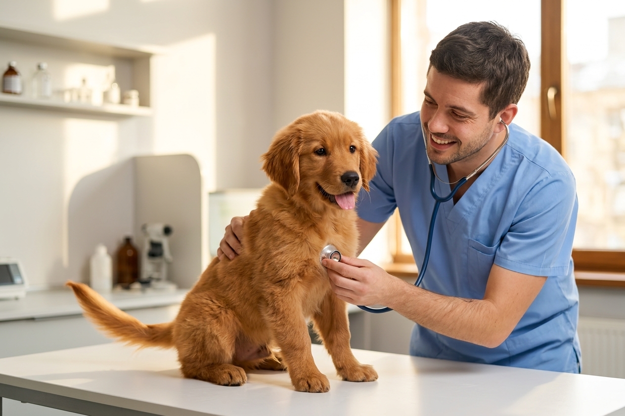 זוג ישראלי צעיר אצל ווטרינר עם כלב צעיר — תזמון הביטוח חשוב