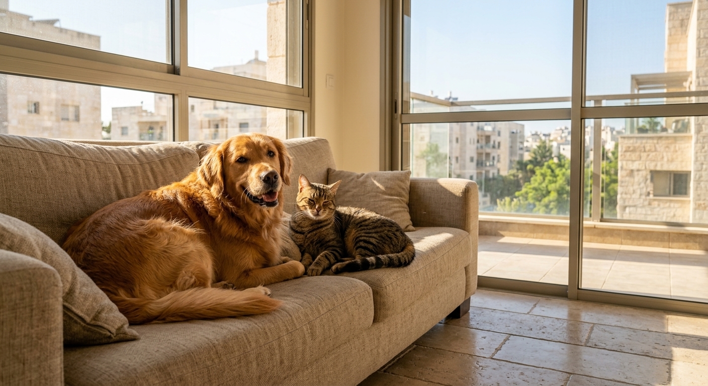 כלב Golden Retriever וחתול מפוספס בדירה ישראלית