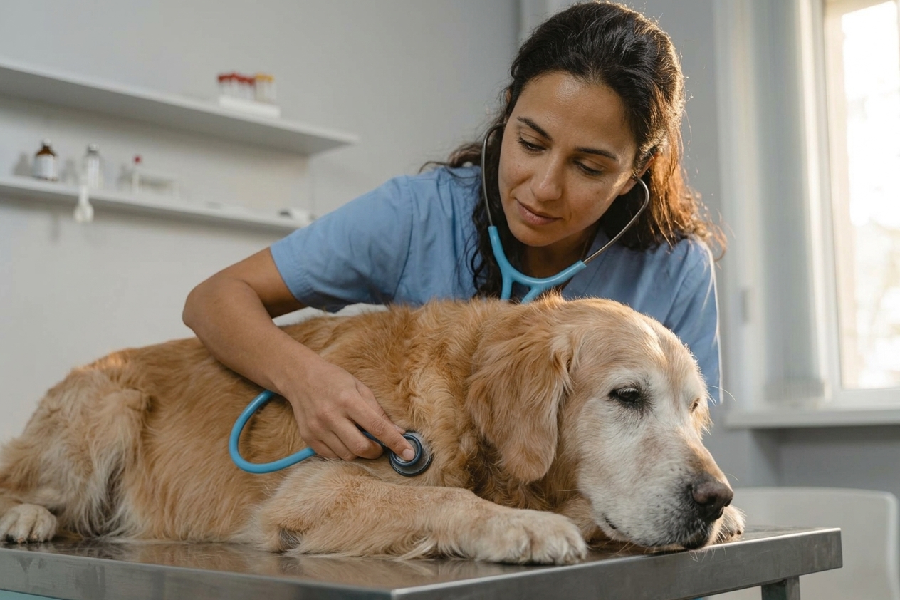 כלב מבוגר עם שיבה בפנים בבדיקה וטרינרית