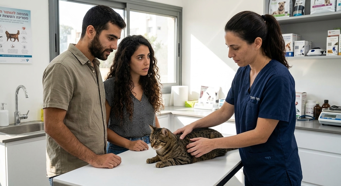 בעלים עם חתול מדברים עם וטרינרית על ביטוח חיות מחמד