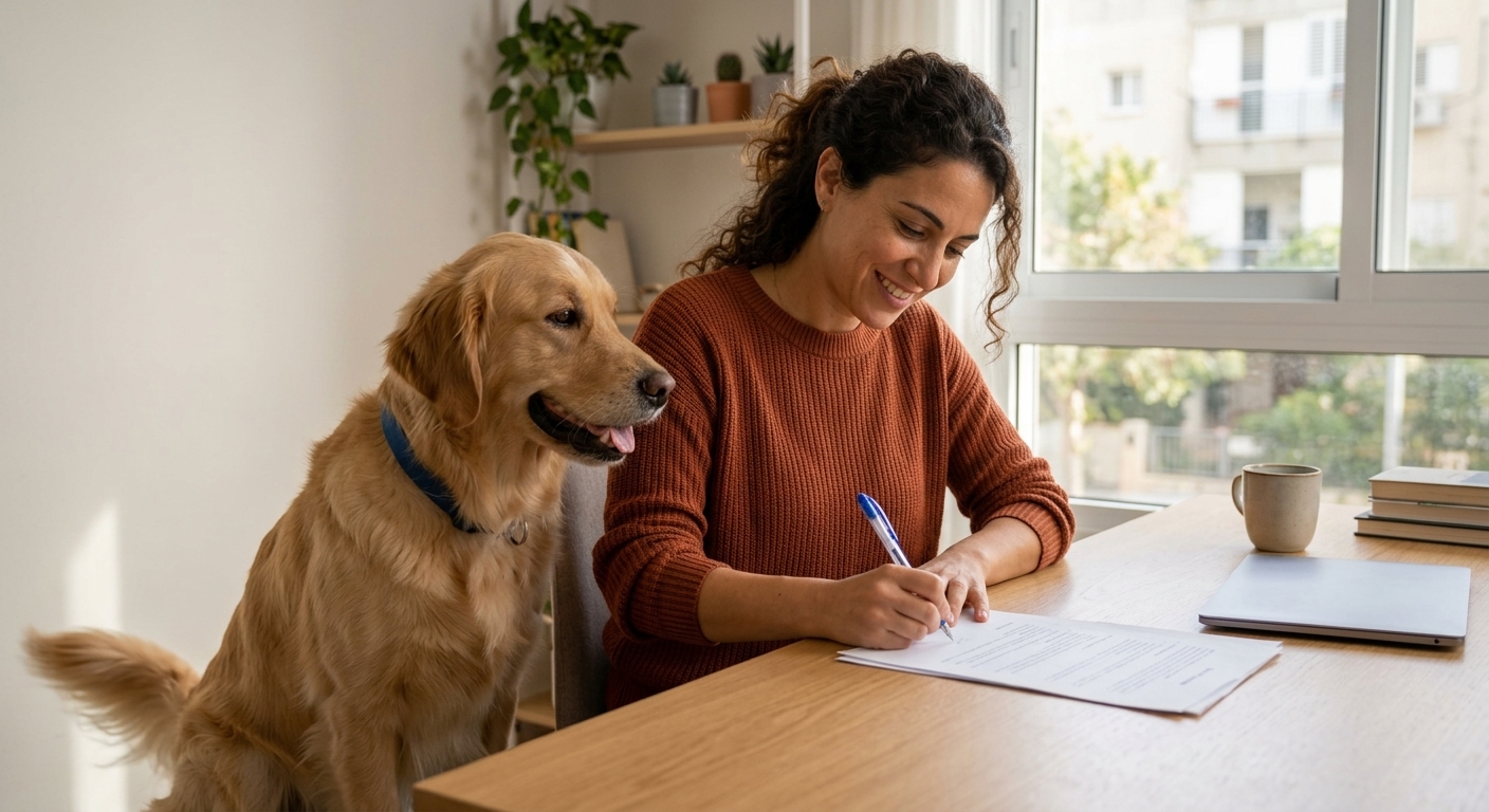 אישה חותמת על מסמך ביטוח עם גולדן רטריבר לצדה