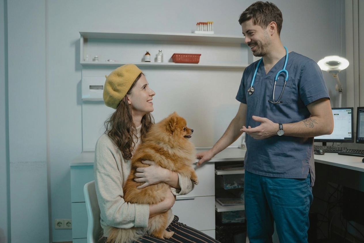בעלת כלב שמחה עם כלב קטן במרפאה וטרינרית
