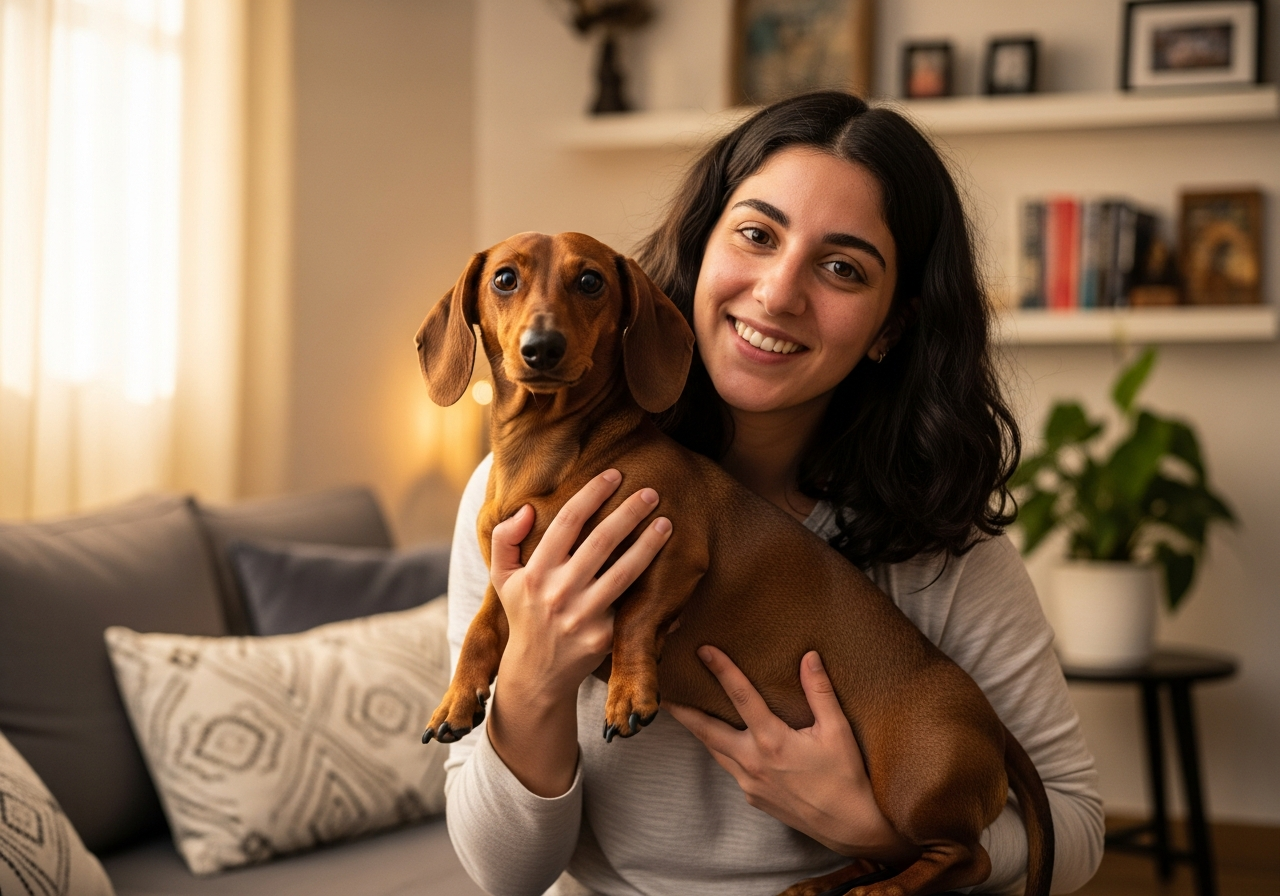 אישה מרימה כלב תחש בצורה נכונה עם תמיכה בחזה ובאגן