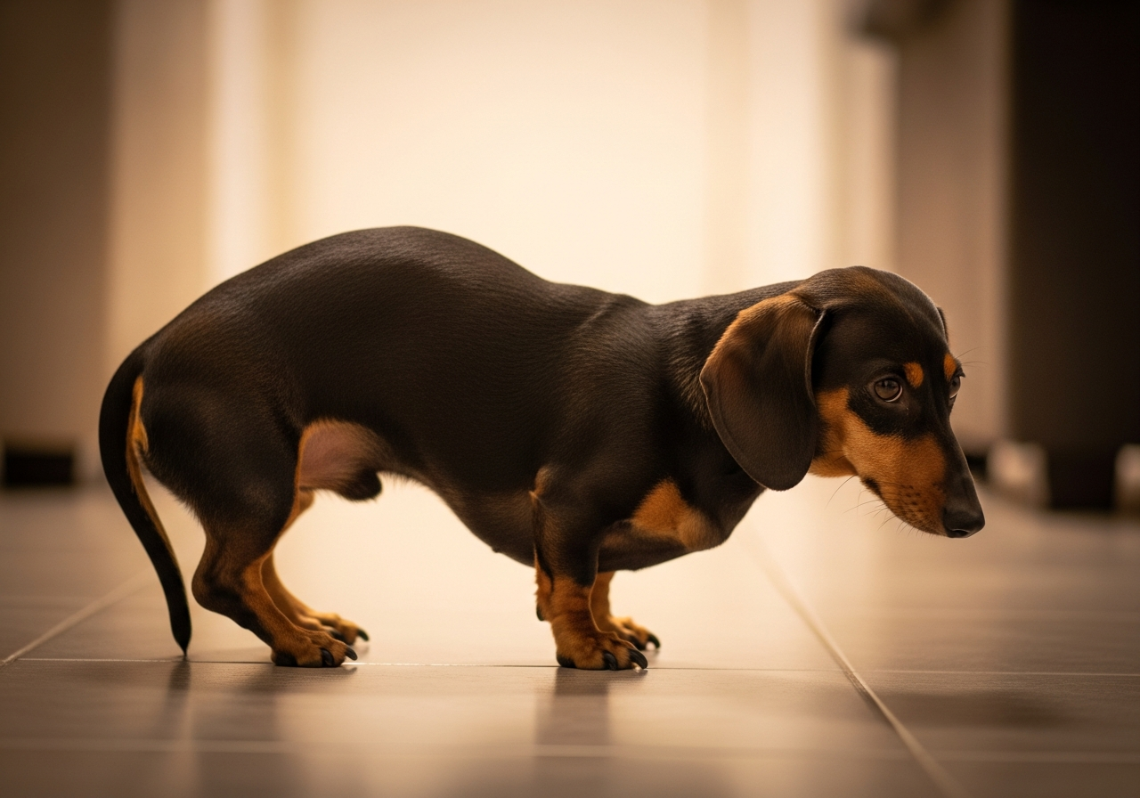 כלב תחש עם גב קמור המראה סימני כאב גב