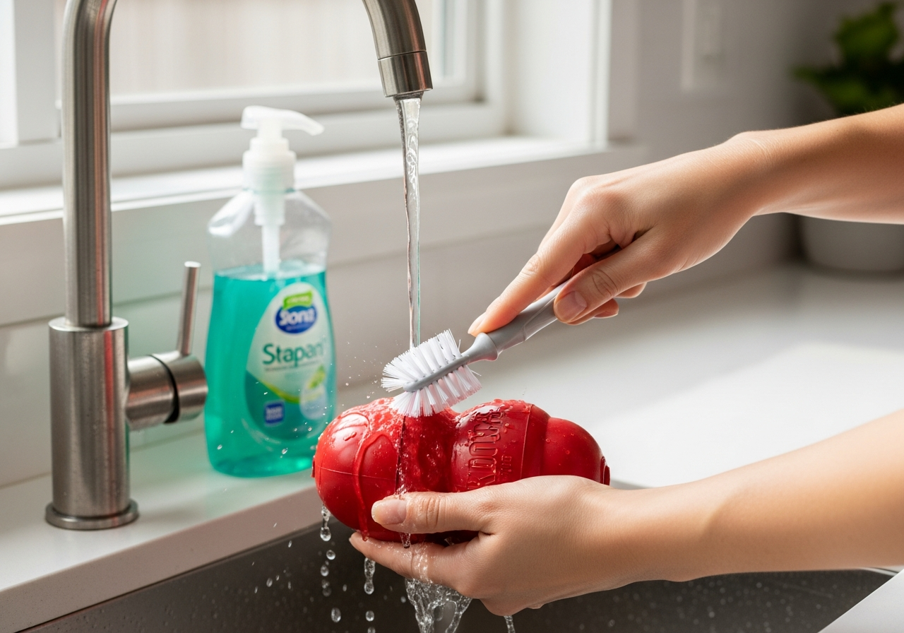 ניקוי צעצוע קונג עם מברשת ומים חמים