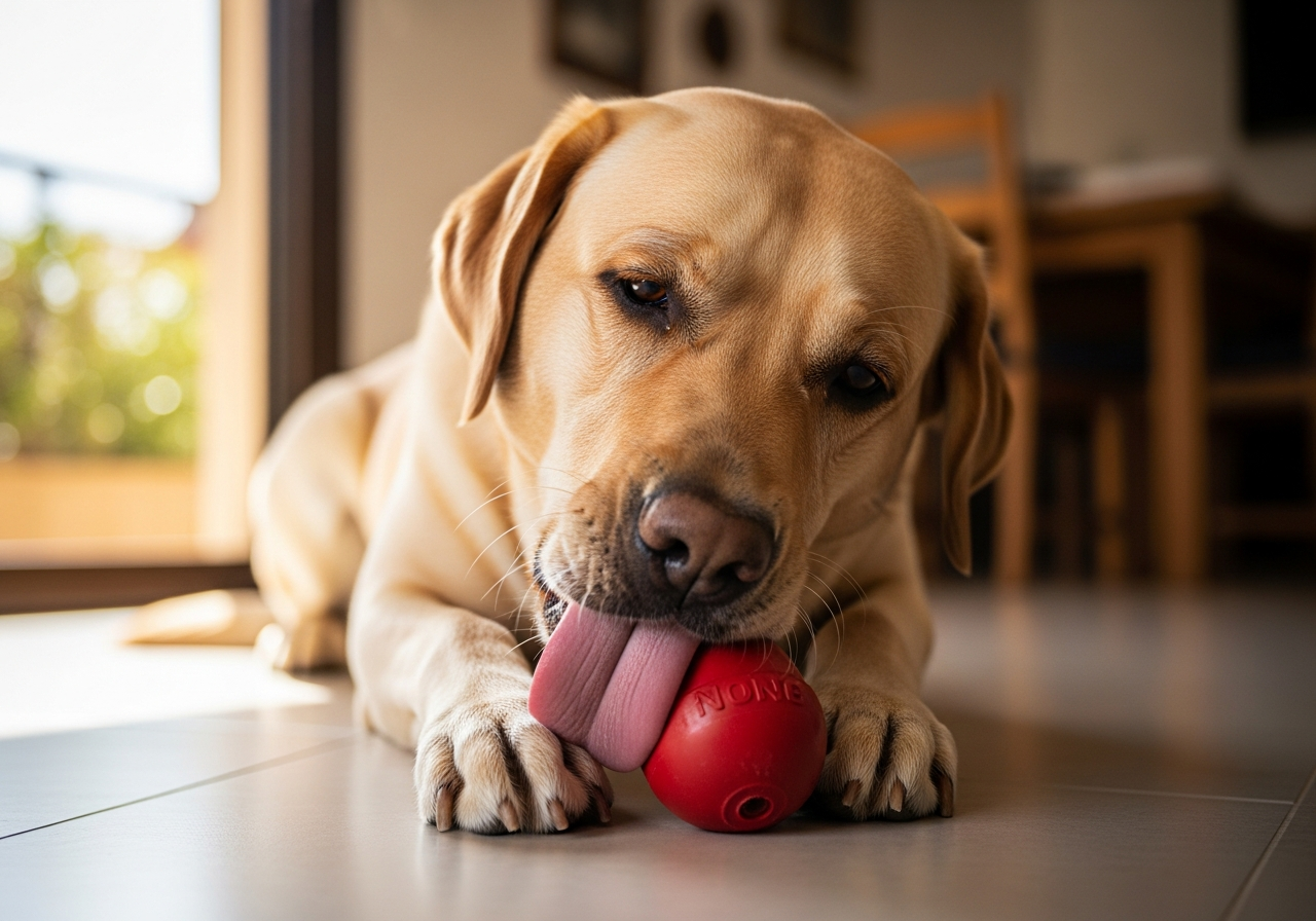 כלב לברדור עובד על קונג ממולא באוכל