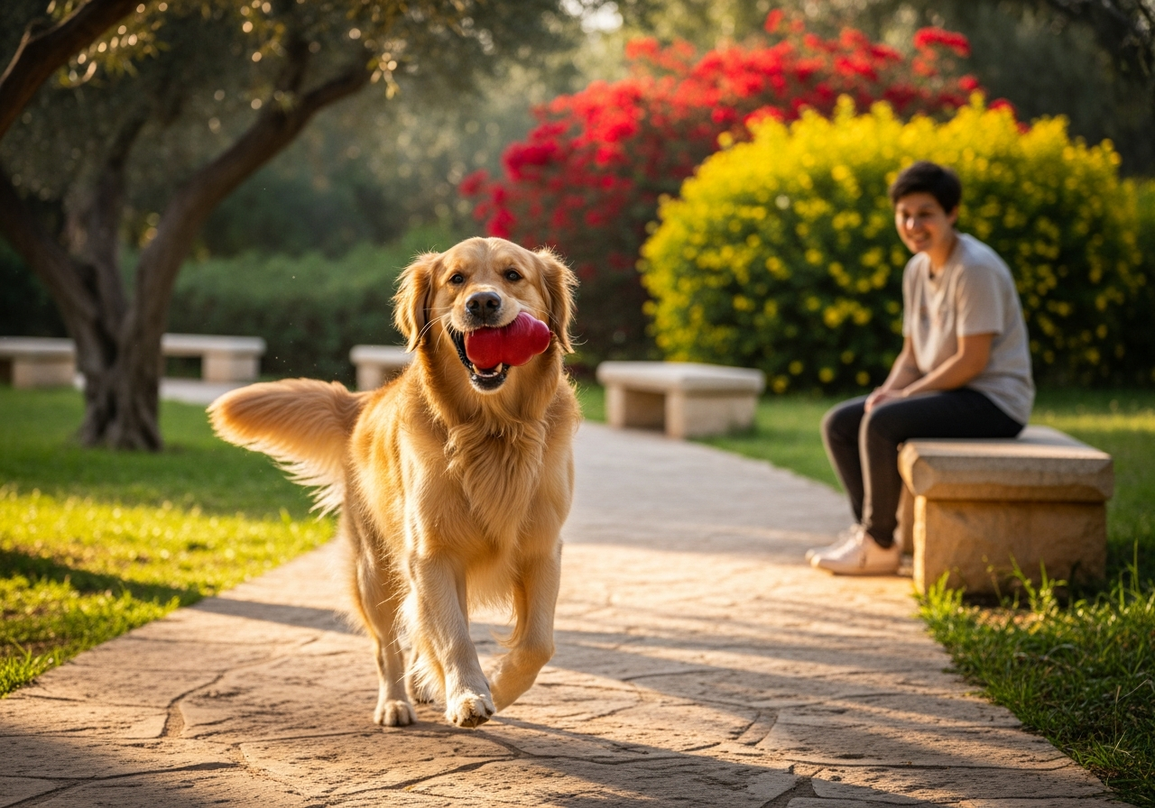 כלב משחק בבטחה עם קונג בפארק בהשגחת הבעלים