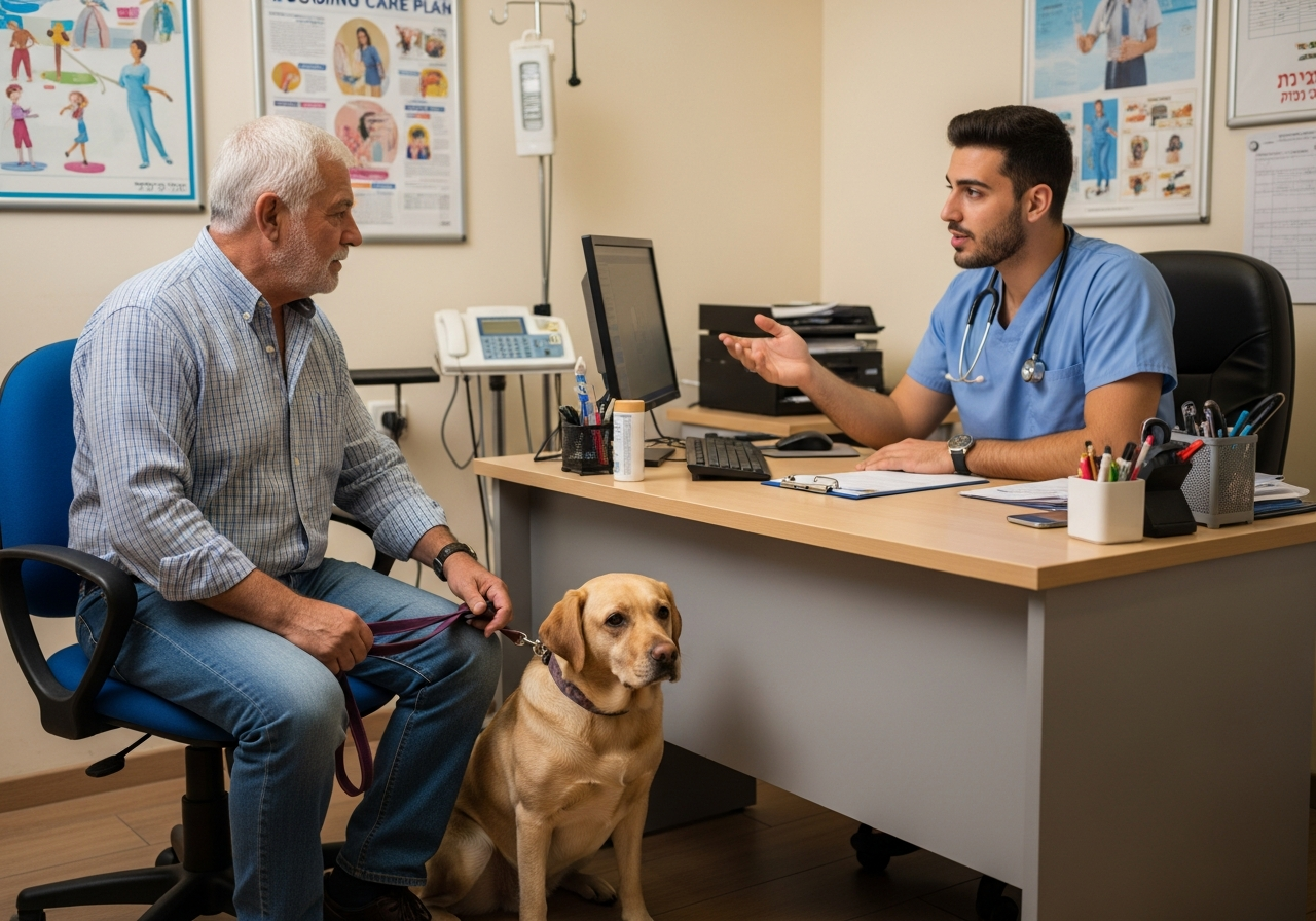 בעלים משוחח עם וטרינר לפני השארת הכלב בפנסיון רפואי