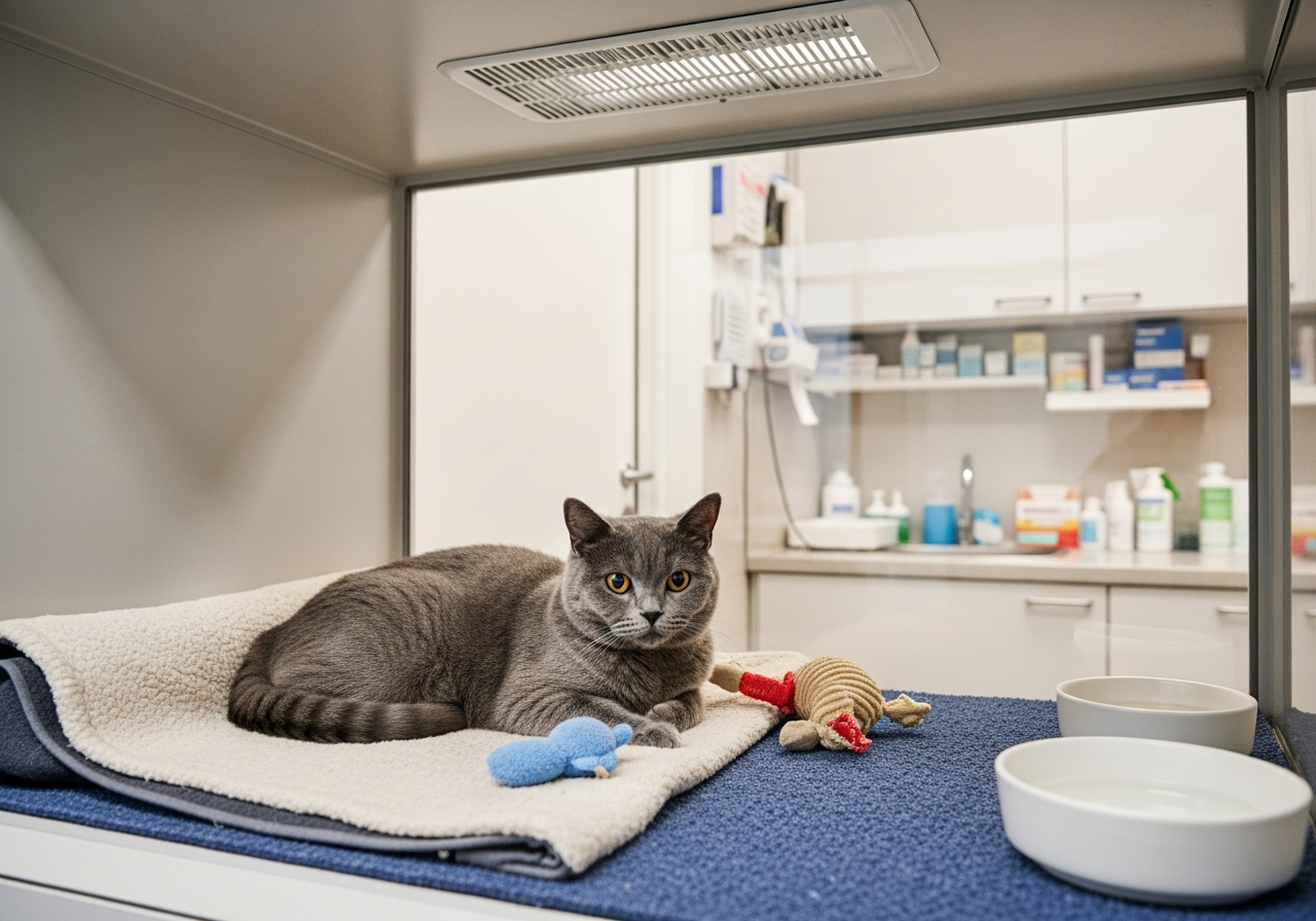 חתול בריטי אפור נח על מצעים רכים בסביבת פנסיון רפואי נקייה ושקטה