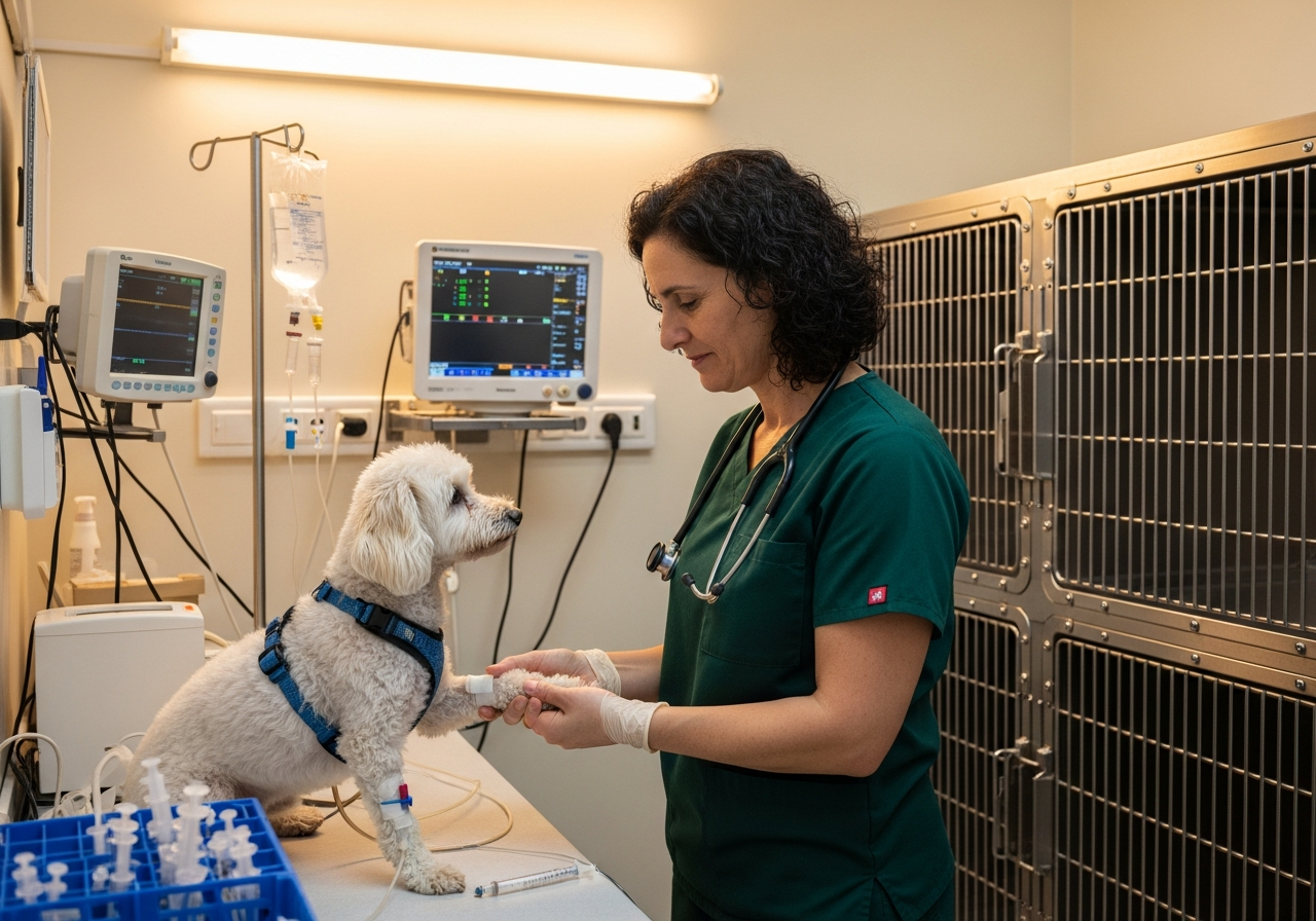 וטרינרית בודקת כלב פודל לבן מחובר לעירוי בפנסיון רפואי