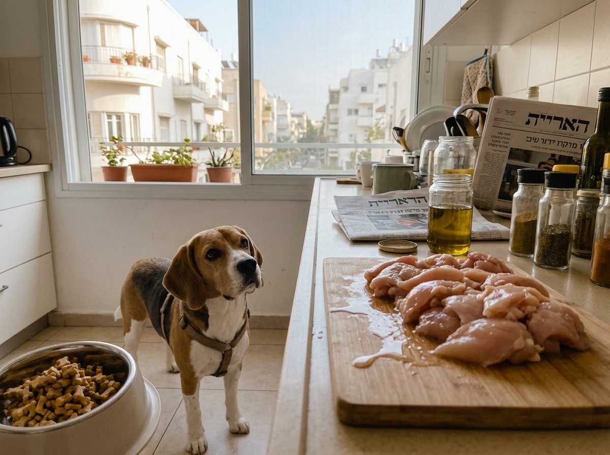 עוף נא על השיש מול קערת מזון יבש, כלב ביגל מהסס