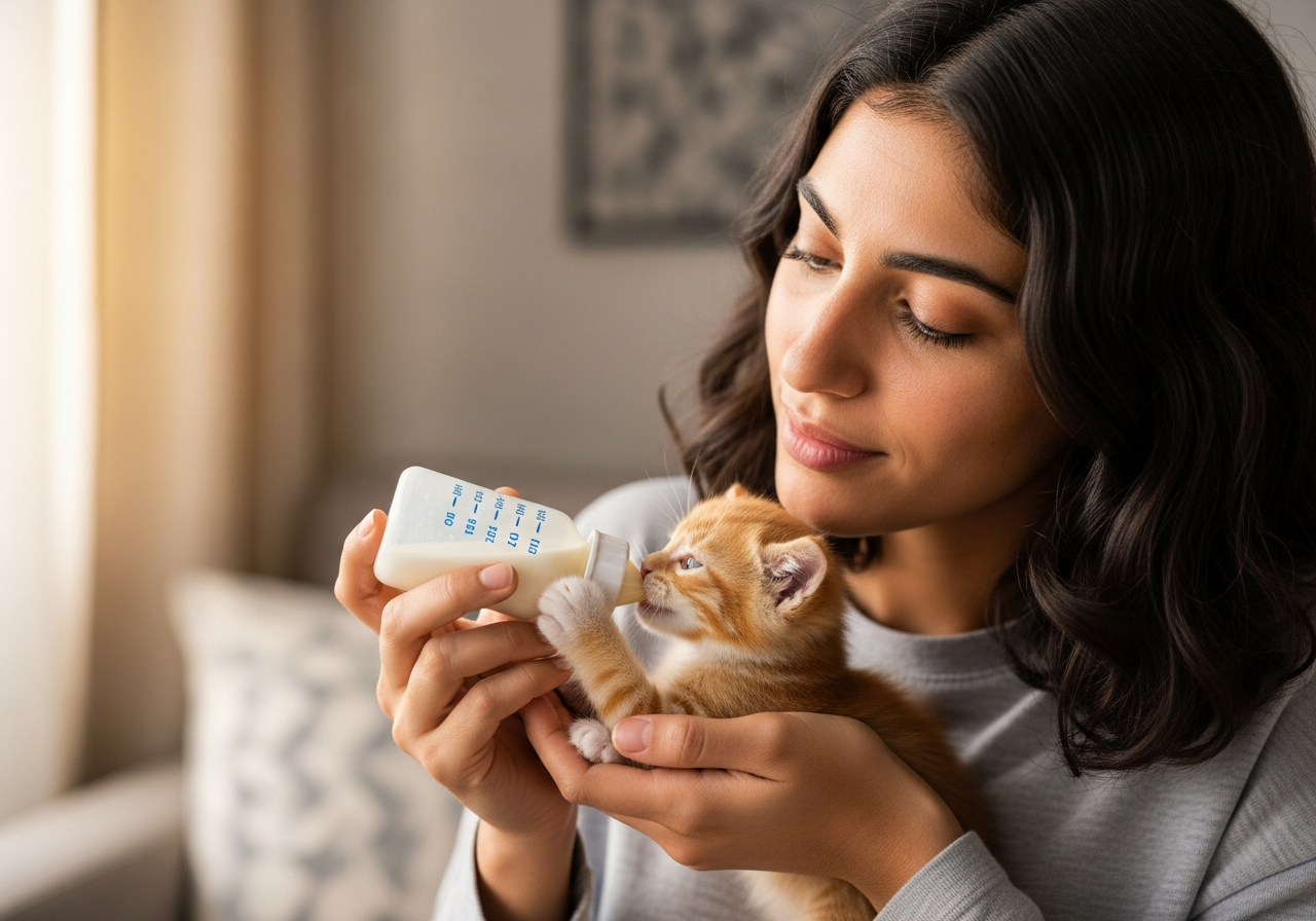 האכלת חתלתול יתום בבקבוק עם תחליף חלב