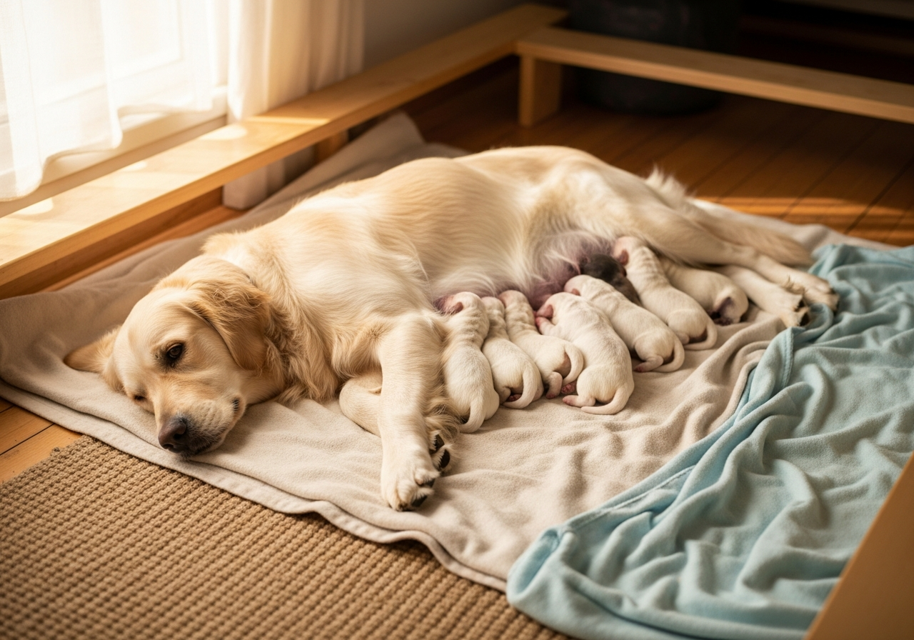 כלבת גולדן רטריבר מניקה את גוריה