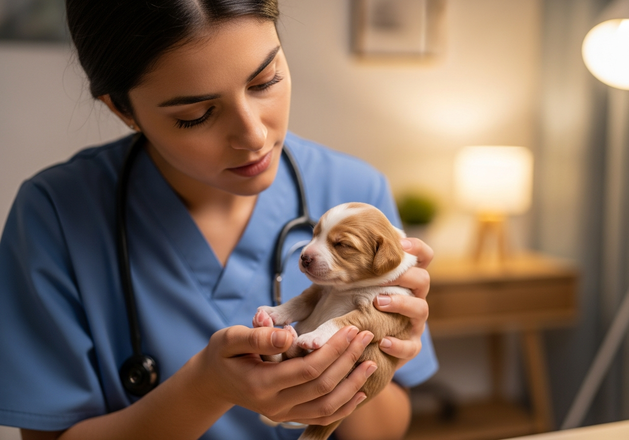 וטרינר בודק גור כלבים יונק