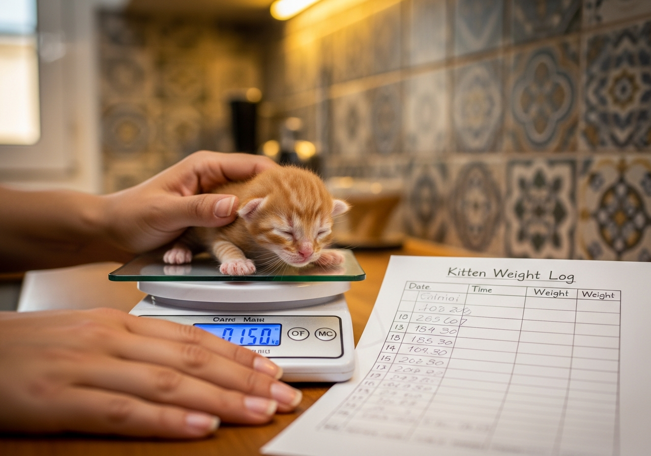 שקילת חתלתול יונק על משקל דיגיטלי עם טבלת מעקב משקל