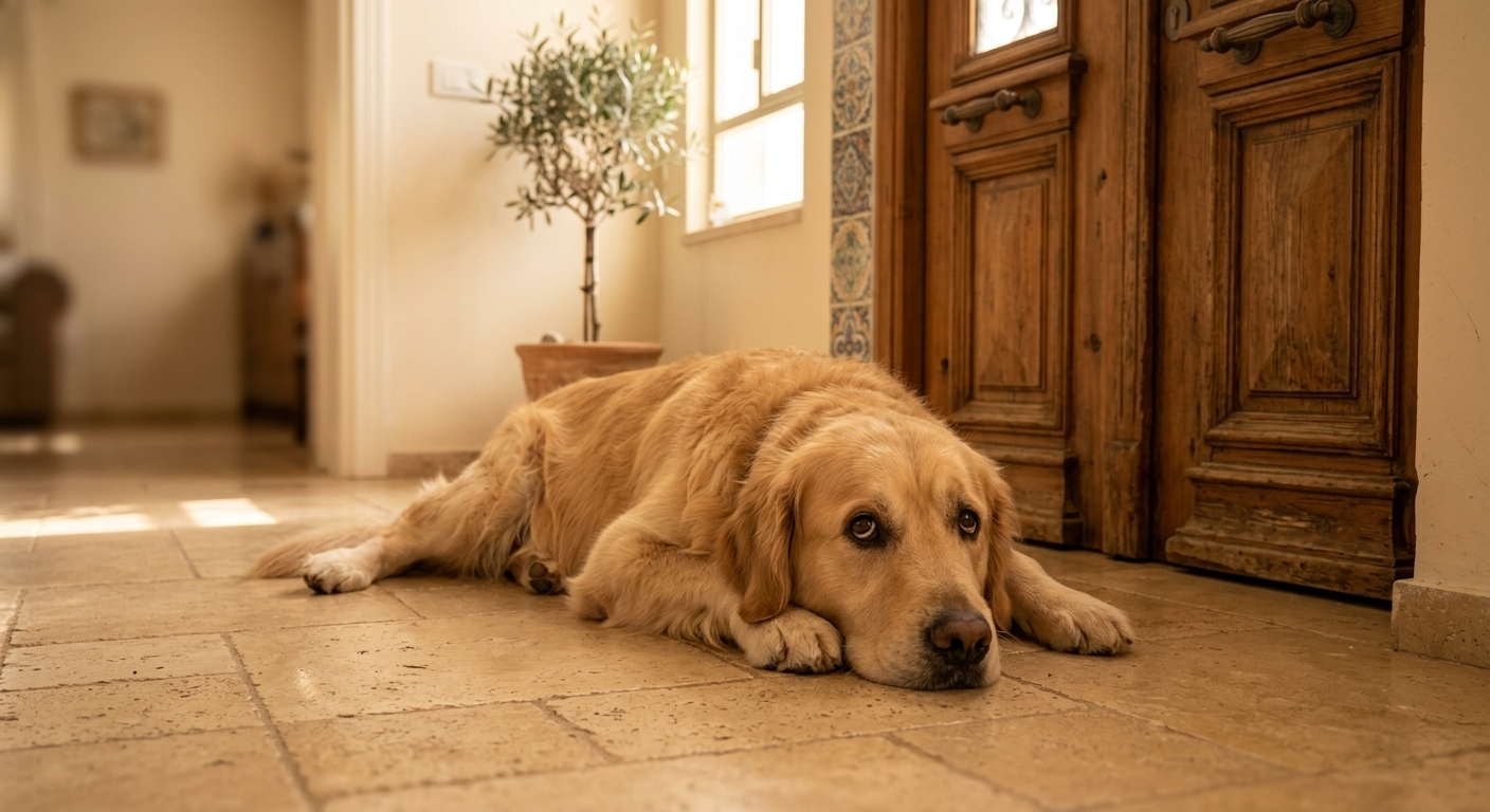 Golden Retriever שוכב ליד דלת הקדמי בבית