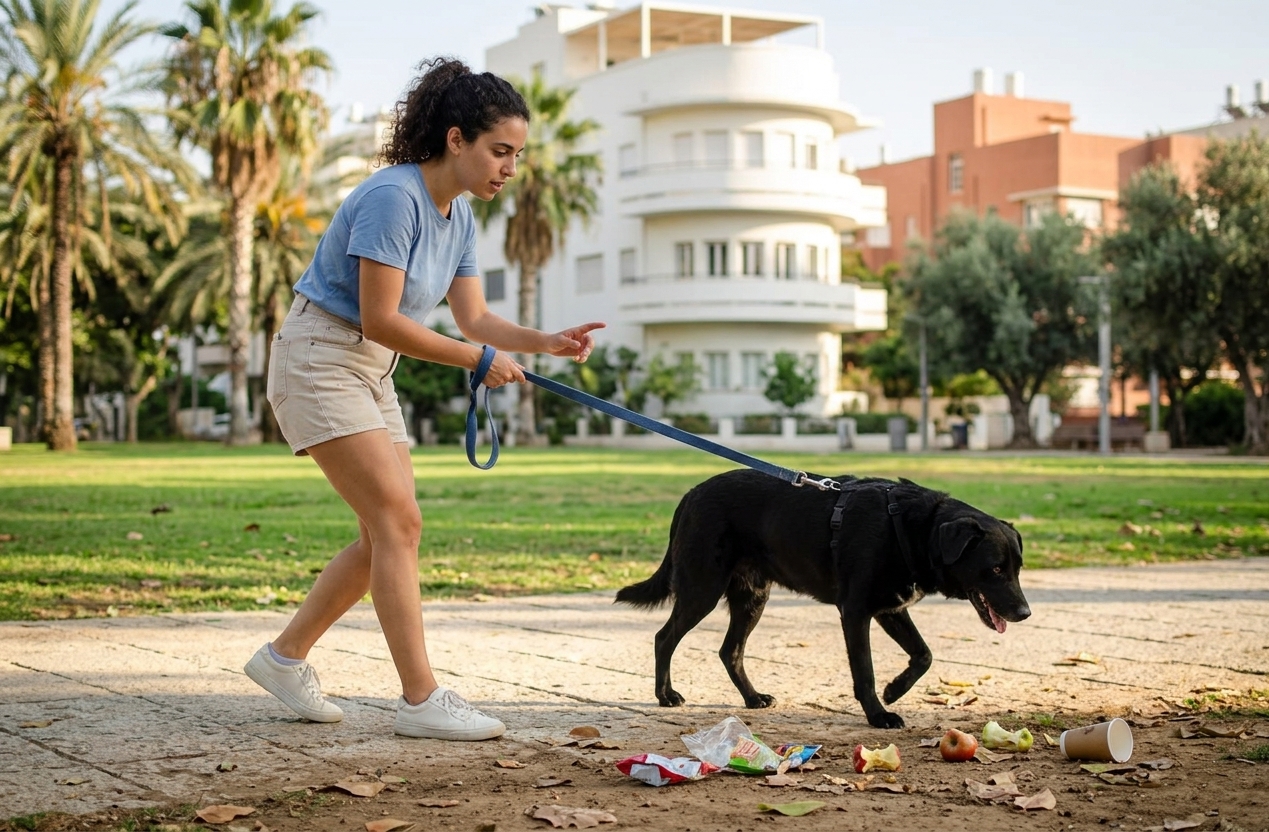 כלב בטיול בפארק עם השגחה של הבעלים