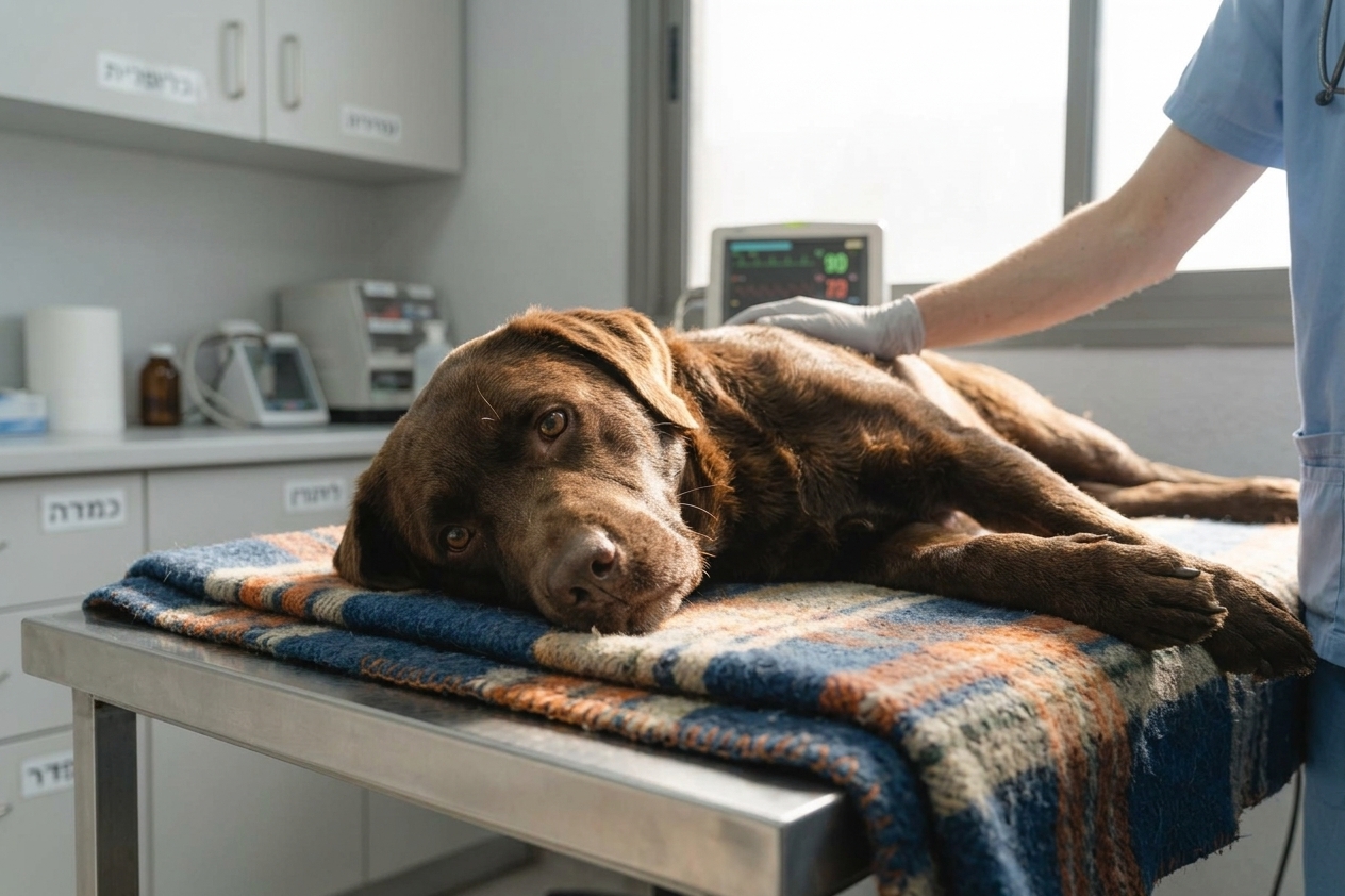 כלב במרפאה וטרינרית לאחר טיפול