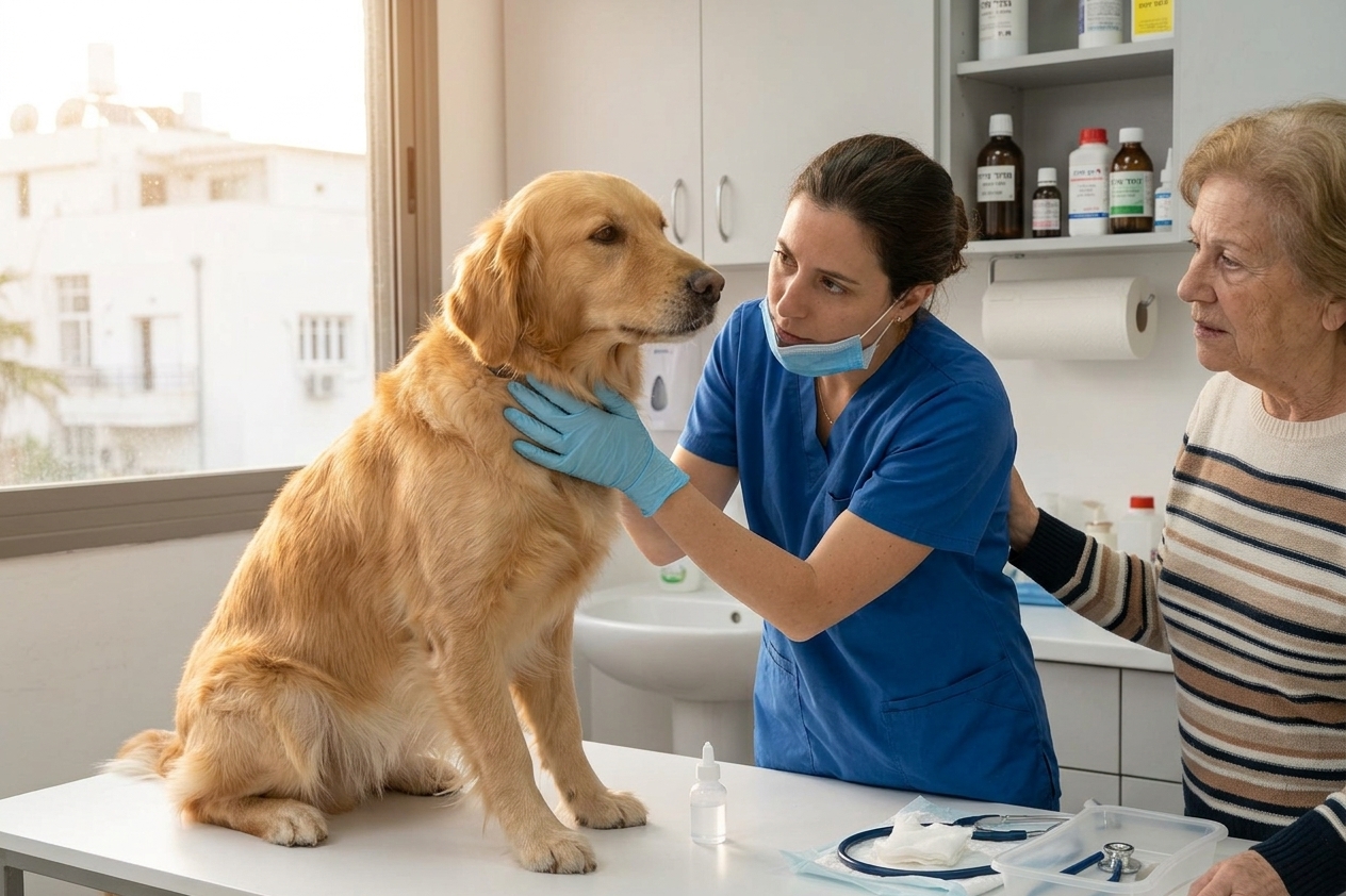 וטרינר בודק כלב עם חשד לבעיה בוושט
