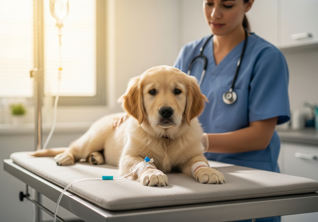 גור כלבים מקבל טיפול בעירוי נוזלים במרפאה וטרינרית