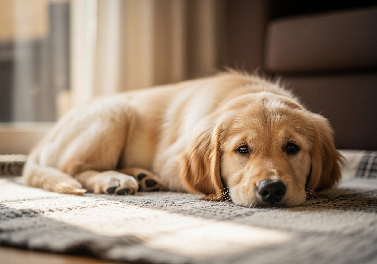 גור כלבים חולה עם תסמיני פרוו — עייפות וחולשה