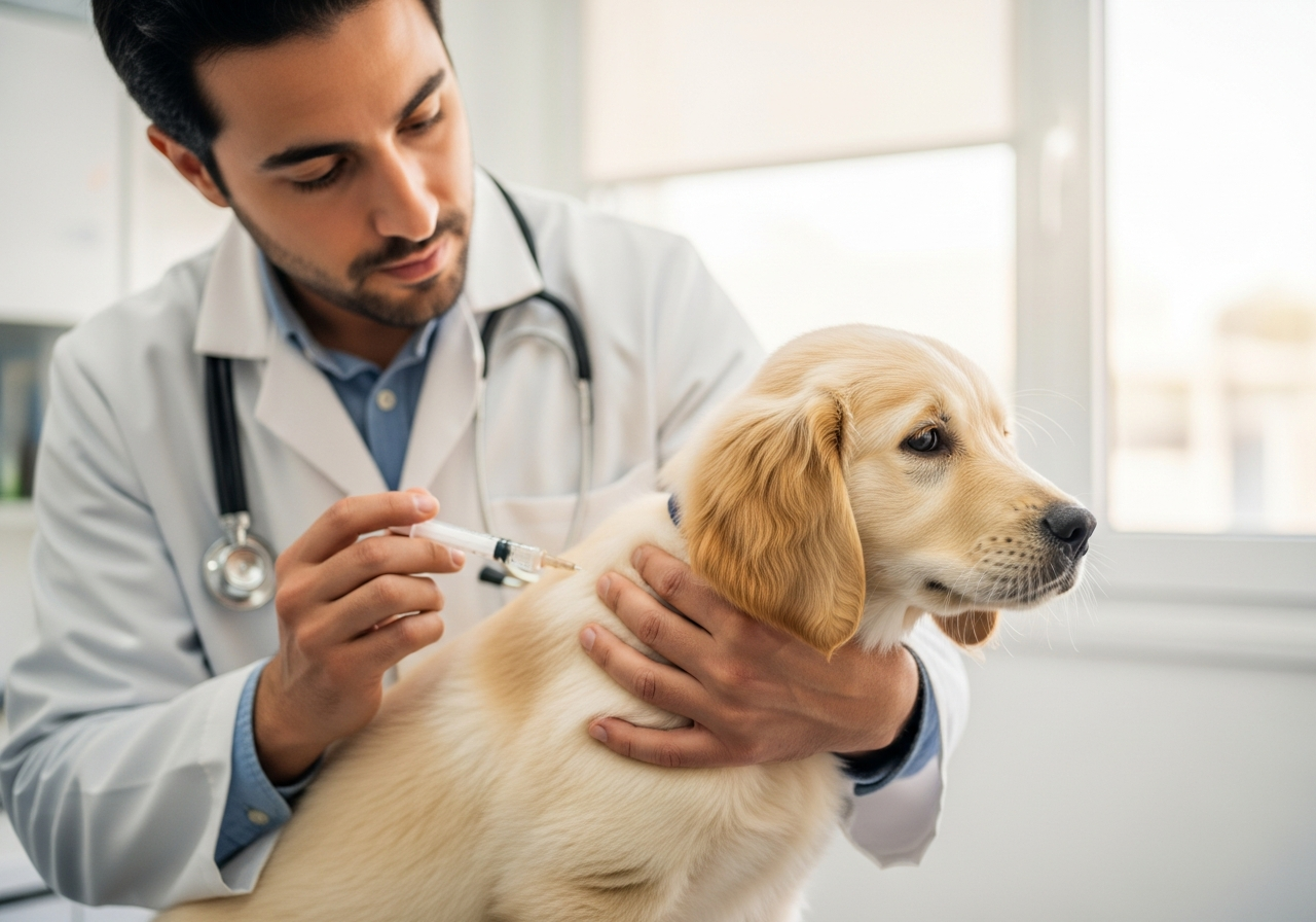 גור כלבים מקבל חיסון נגד פרוו במרפאה וטרינרית